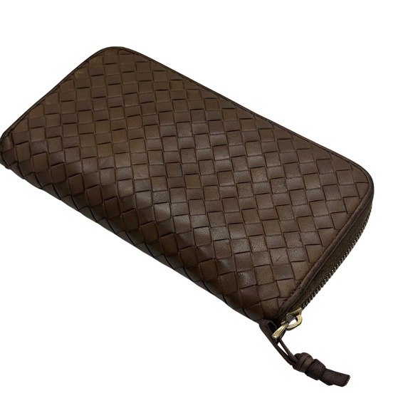 Bottega Veneta Intrecciato Woven Leather Zip Around Wallet Brown Made in Italy - Picture 2 of 10